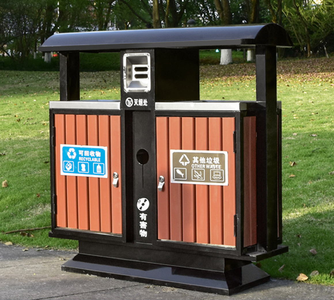 Thùng rác gỗ 2 ngăn có mái vòm tròn Vietbin